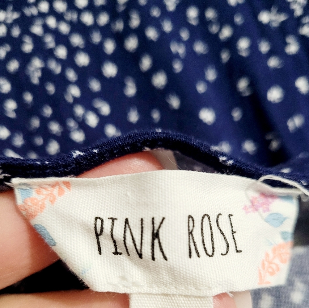 Pink Rose Navy Blue Floral Ruffle Hem Mini Dress Size Medium Boho Summer Tank - Picture 6 of 11